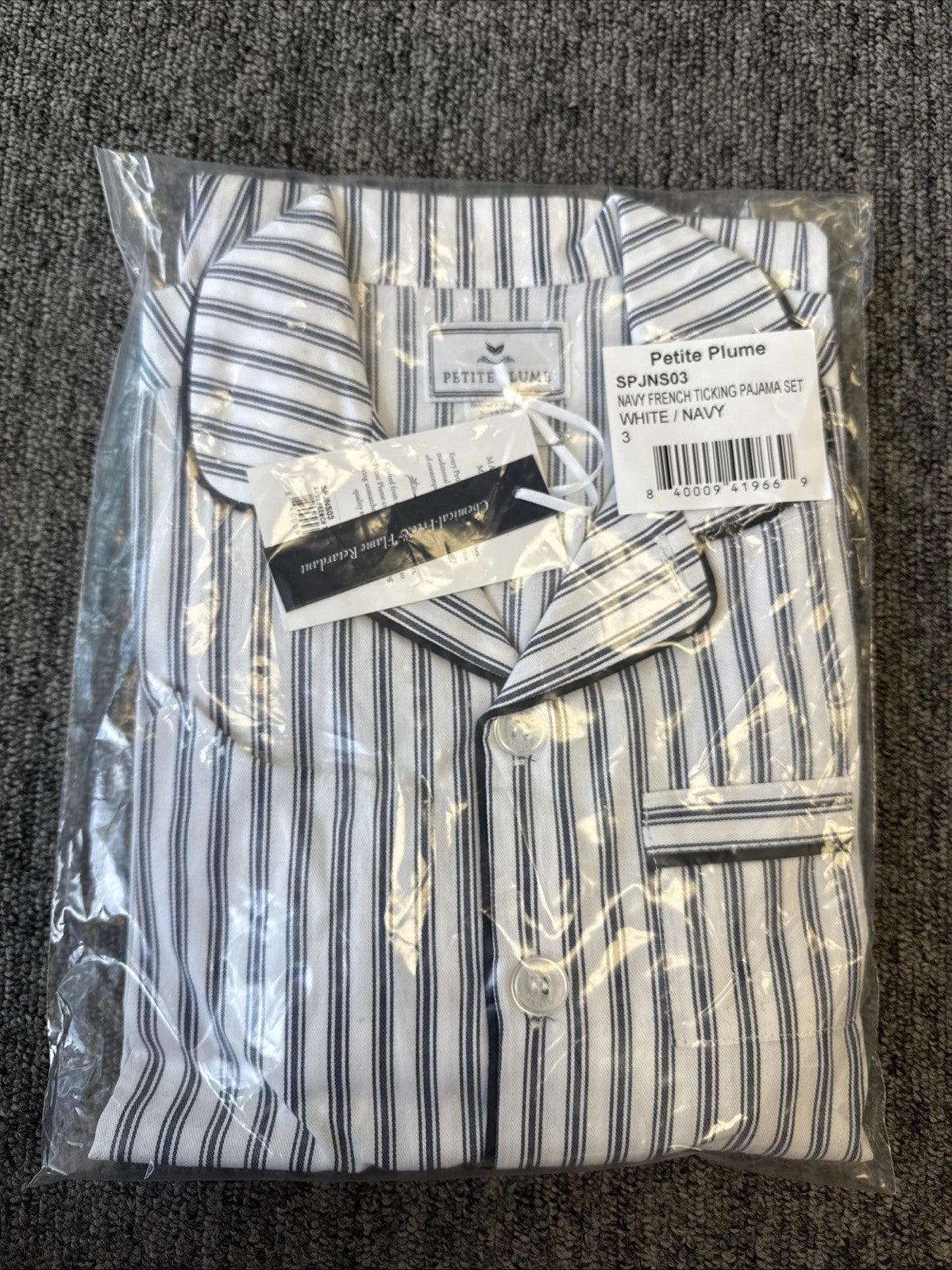 Petite Plume Kid's Twill Pajama Set in Navy French Ticking Size 3 Y NWT MSRP $58