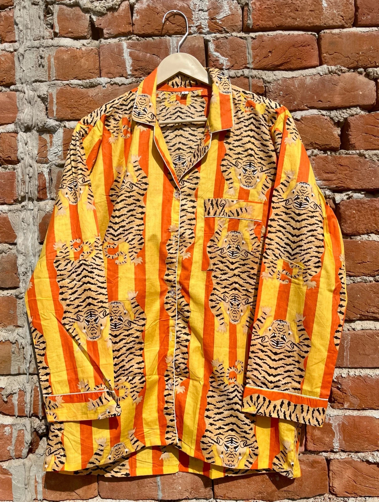 Indian Cotton Yellow Tiger PJ Set Bridesmaid Pajama Set Women Nightwear Suit US