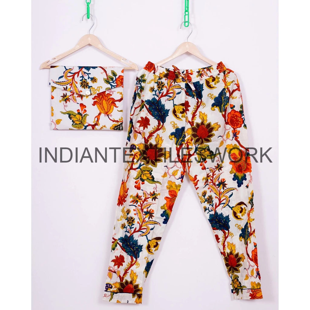 Indian Cotton Pajama Set Flower Print Sleepwear PJ Set Night Suit Women Dress