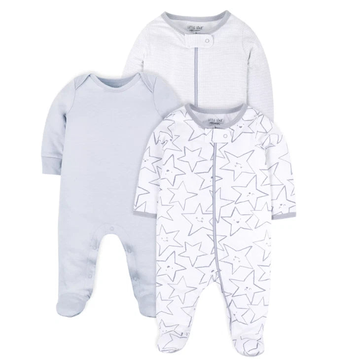 Little Star Baby Sleeper Set 3 Pc 0-3M Stars Front Zipper Footie Unisex Pajamas