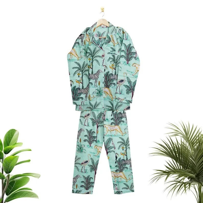 Indian Cotton Green Tiger PJ Set Bridesmaid Pajama Set Women Nightwear Suits US