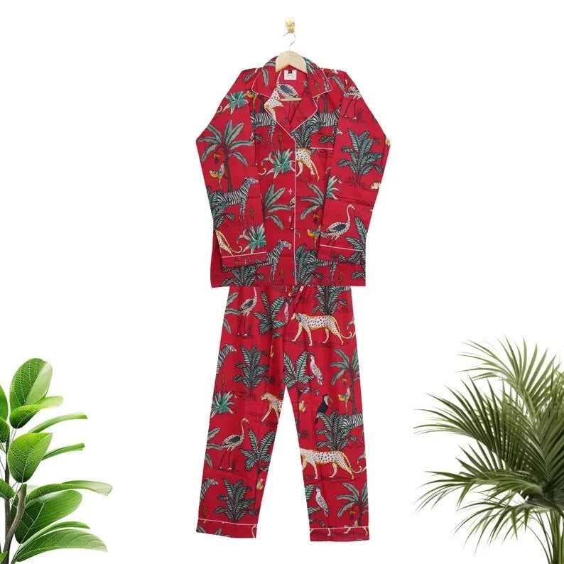 Indian Cotton Red Tiger PJ Set Bridesmaid Pajama Set Women Nightwear Suits US