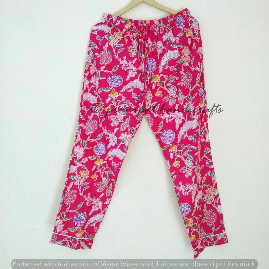 Indian Floral Printed Hippie Cotton Pink Women Gypsy Top-Pajama set Sleepwear