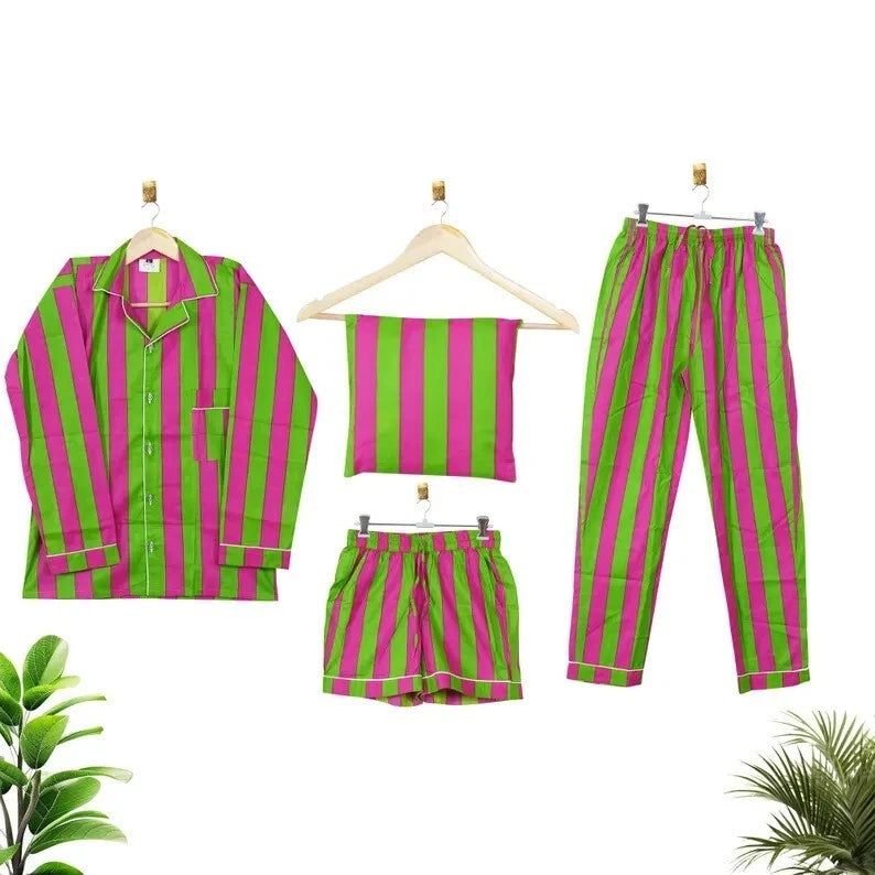 Indian 100%Cotton Hot Pant With Top & Pajama PJ Sets Nightwear Suit Stripe Print