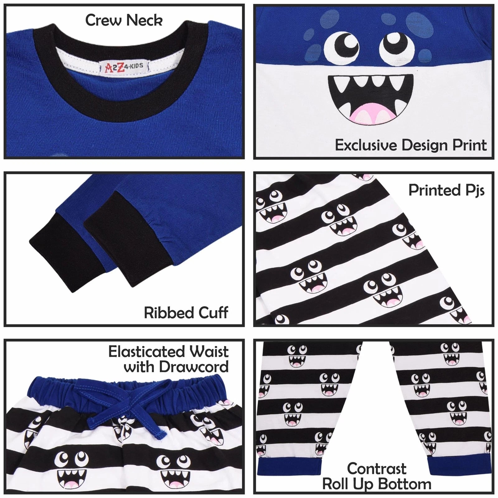 Girls Boys Cute Monster Royal Blue Pyjamas PJs 2 Piece Cotton Set Nightwear Yr