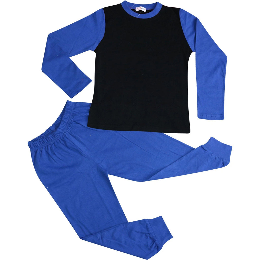 Kids Boys Girls Pjs Contrast Royal Blue Color Plain Stylish Pyjamas Set 2-13 Yr