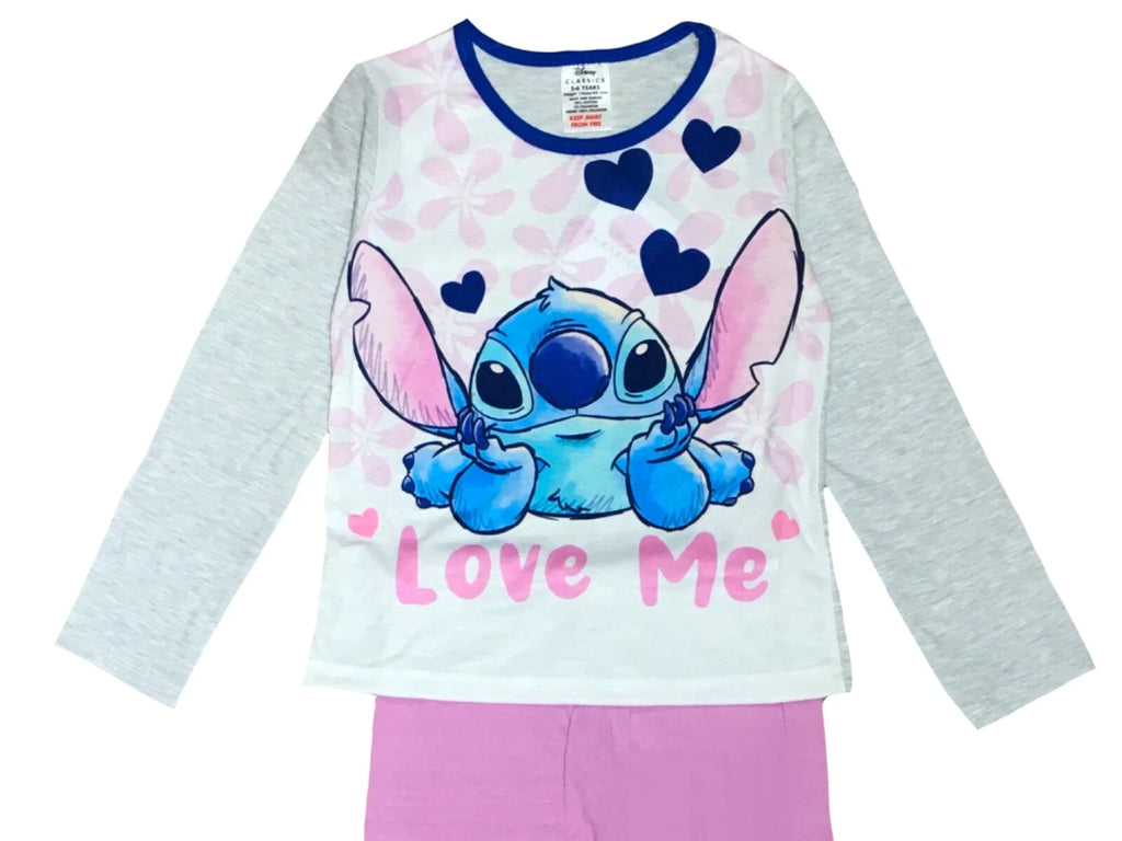 Girls Lilo & Stitch Pyjamas PJs 4-13 Years Purple Grey Pink Long Sleeved Trouser