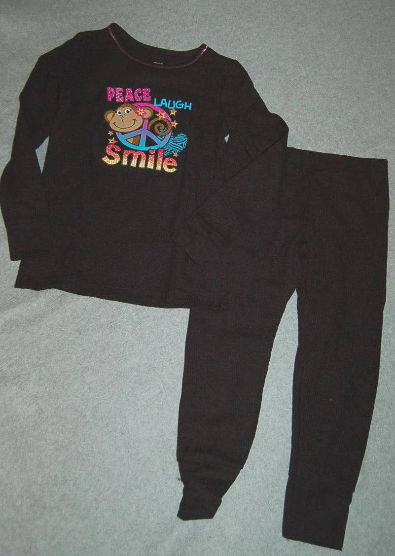 Girls Pajamas Set BLACK Long Underwear MONKEY PEACE SIGN Laugh Smile XS S M L