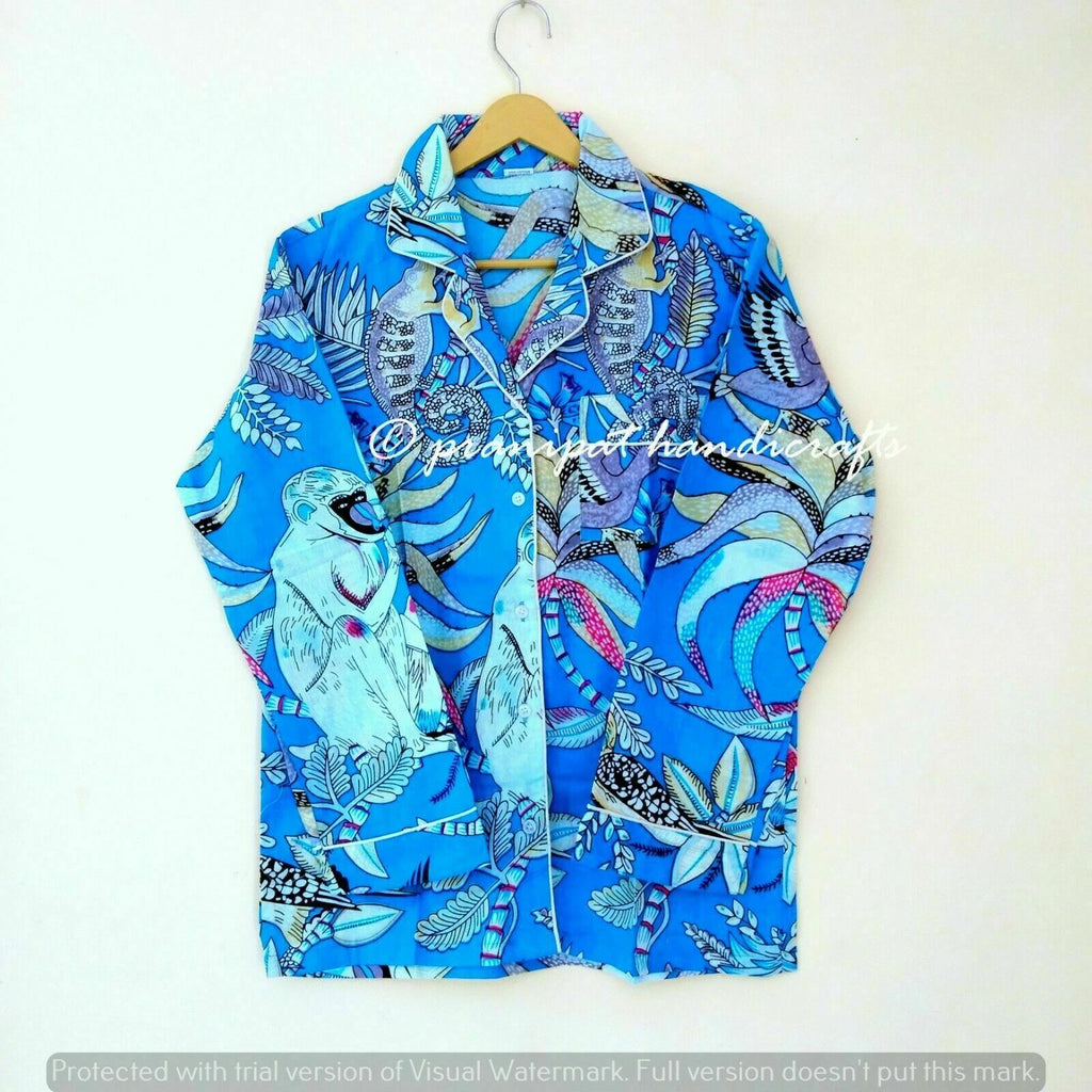 Indian Monkey Printed Cotton Turquoise Blue Women Gypsy Top-Pajama set Sleepwear