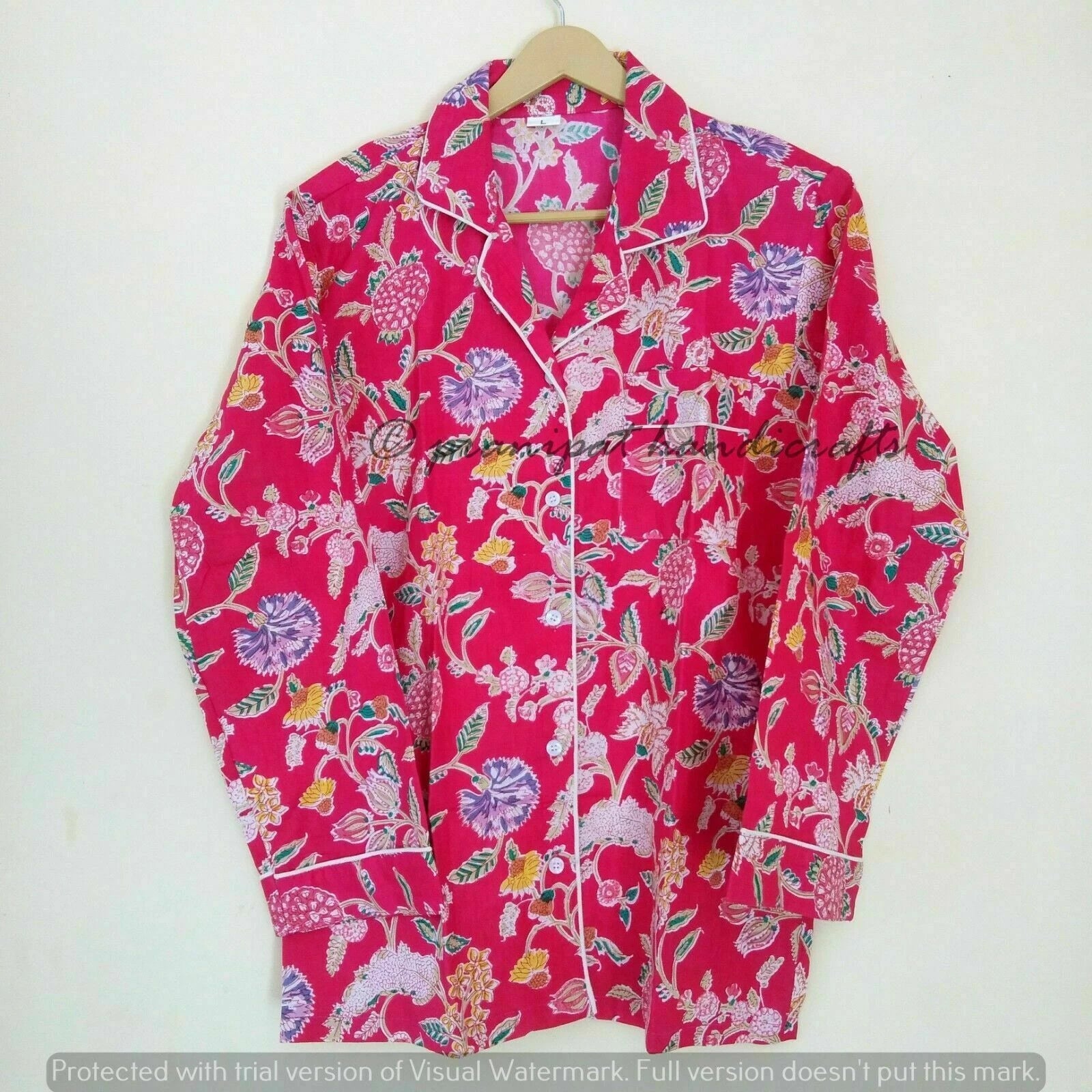 Indian Floral Printed Hippie Cotton Pink Women Gypsy Top-Pajama set Sleepwear