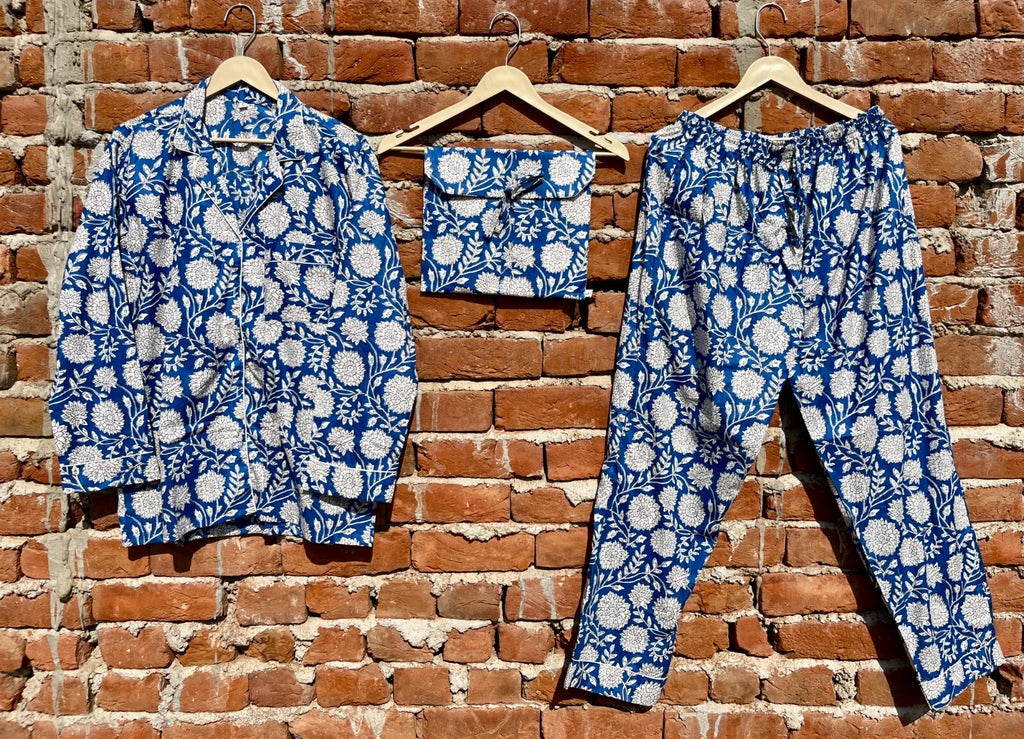 Indian Cotton Blue Floral PJ Set Bridesmaid Pajama Set Women Nightwear Suit US