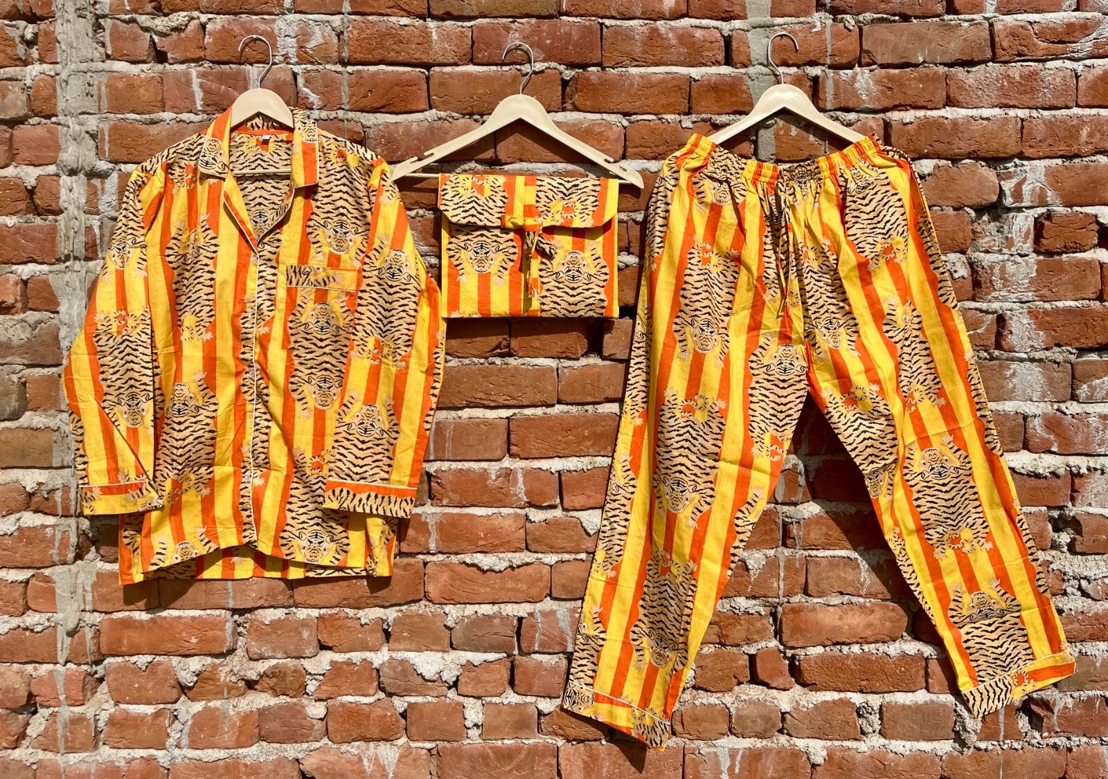 Indian Cotton Yellow Tiger PJ Set Bridesmaid Pajama Set Women Nightwear Suit US