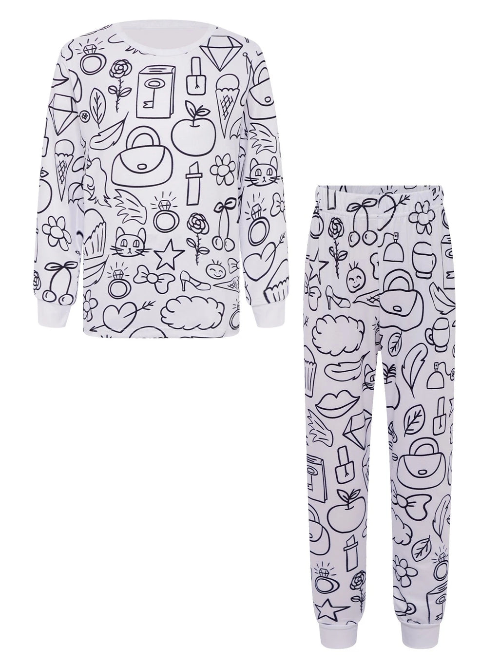 Kids Pajama Sets Hand-Painted Long Sleeve Top Elastic Waist Pants Home Sleepwear
