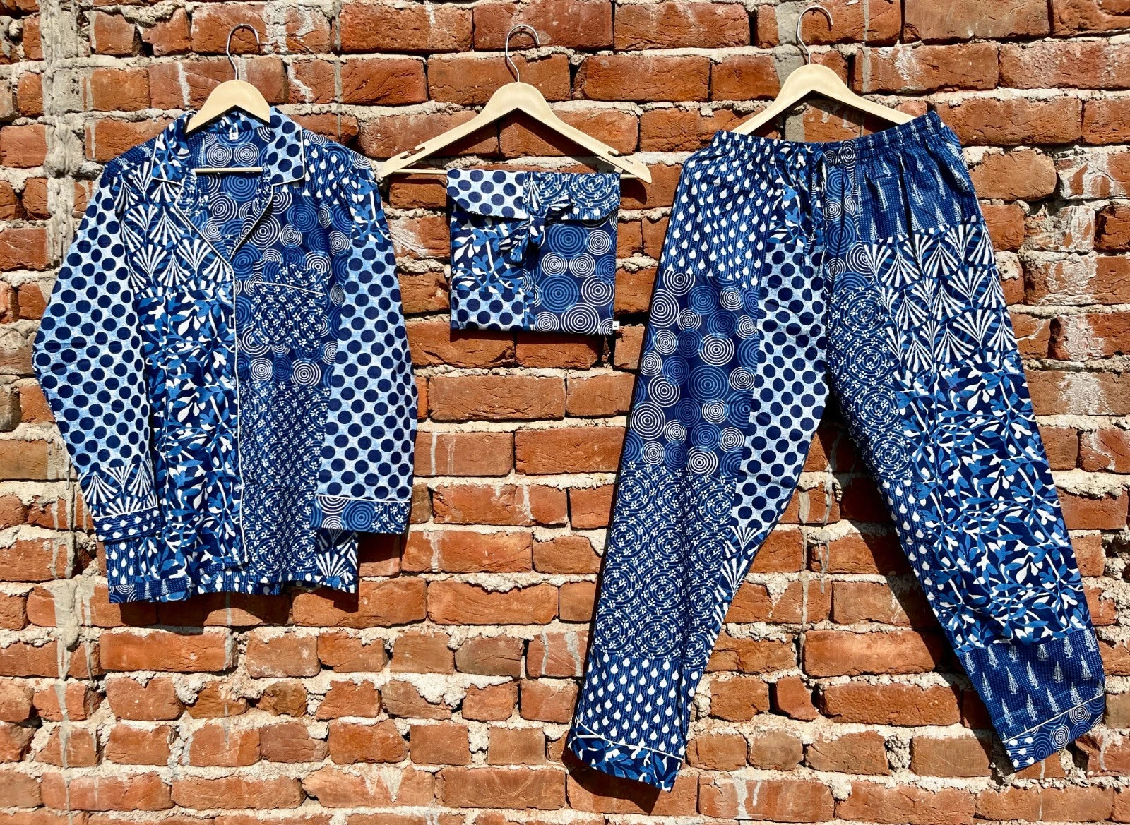 Indian Cotton Blue Patchwork PJ Set Bridesmaid Pajama Set Women Nightwear Suits