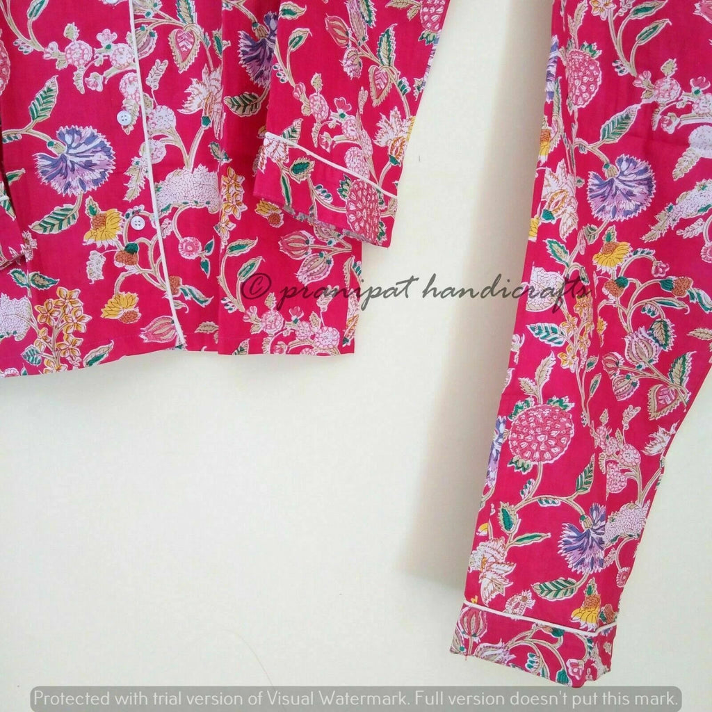 Indian Floral Printed Hippie Cotton Pink Women Gypsy Top-Pajama set Sleepwear