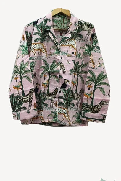 Indian Baby Pink Animal Printed PJ Night Suit With Hot Pant Handmade Pajama Sets