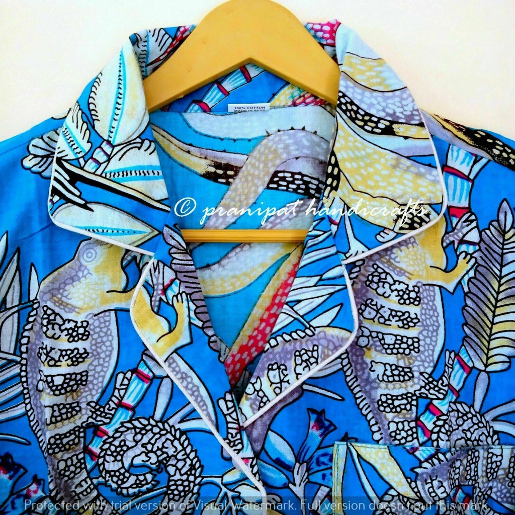 Indian Monkey Printed Cotton Turquoise Blue Women Gypsy Top-Pajama set Sleepwear