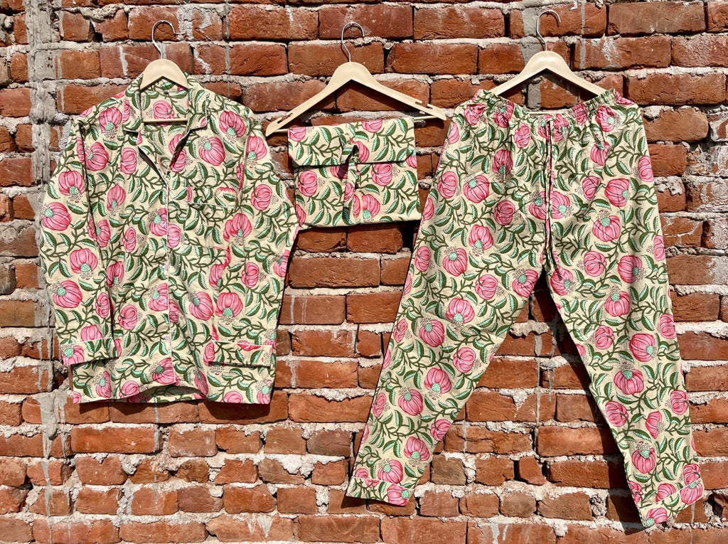 Indian Cotton Beige Floral PJ Set Bridesmaid Pajama Set Women Nightwear Suit US