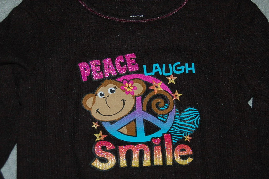Girls Pajamas Set BLACK Long Underwear MONKEY PEACE SIGN Laugh Smile XS S M L