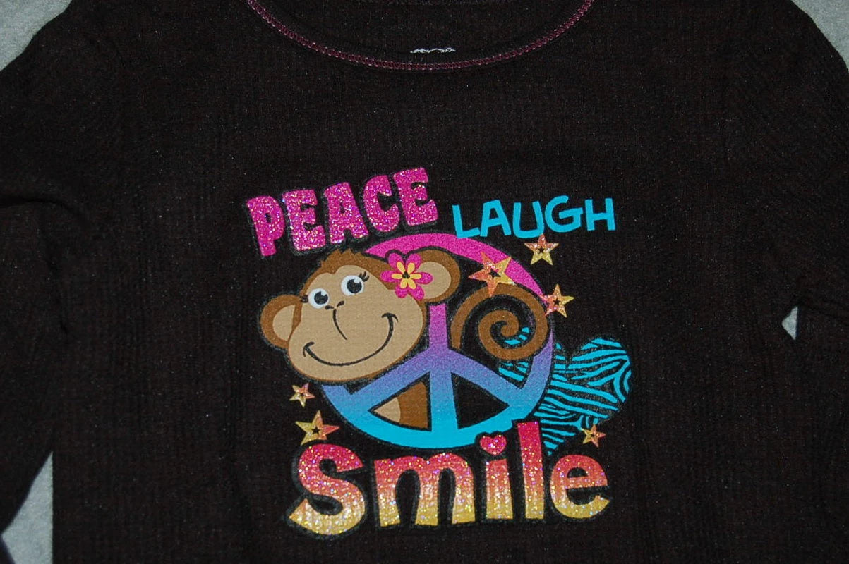 Girls Pajamas Set BLACK Long Underwear MONKEY PEACE SIGN Laugh Smile XS S M L