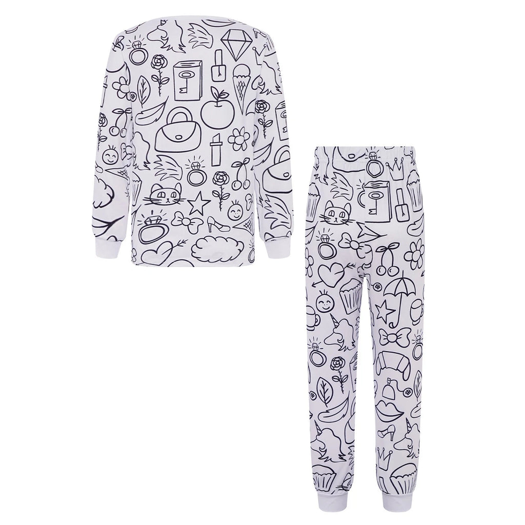 Kids Pajama Sets Hand-Painted Long Sleeve Top Elastic Waist Pants Home Sleepwear