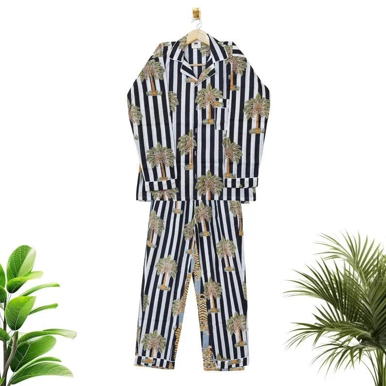 Indian Cotton Black Striped PJ Set Bridesmaid Pajama Set Women Nightwear Suit US