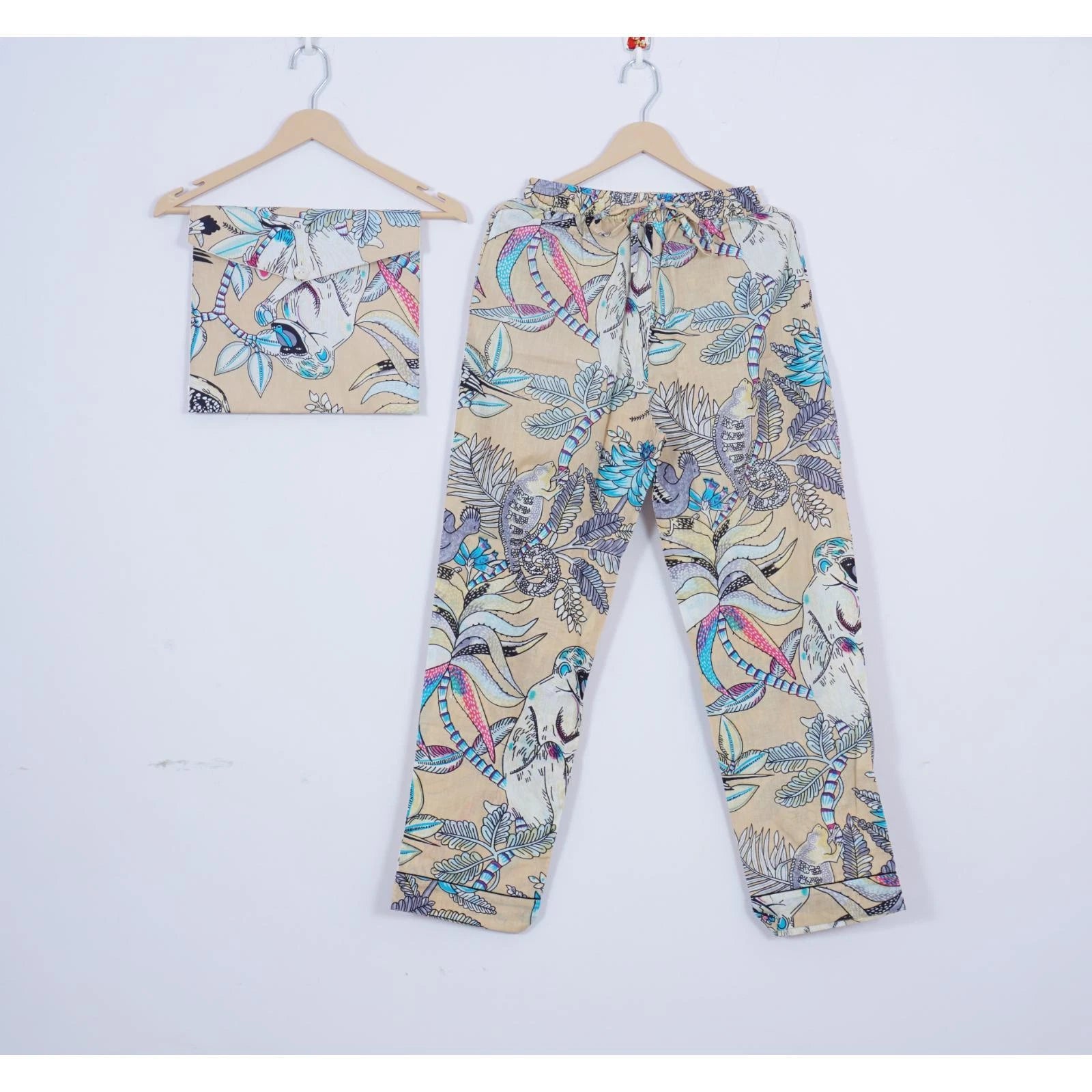 Indian Cotton Pajama Set Hand Block Monkey Print Women Yoga Wear Dress ITW-54