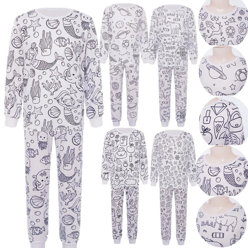 Kids Pajama Sets Hand-Painted Long Sleeve Top Elastic Waist Pants Home Sleepwear