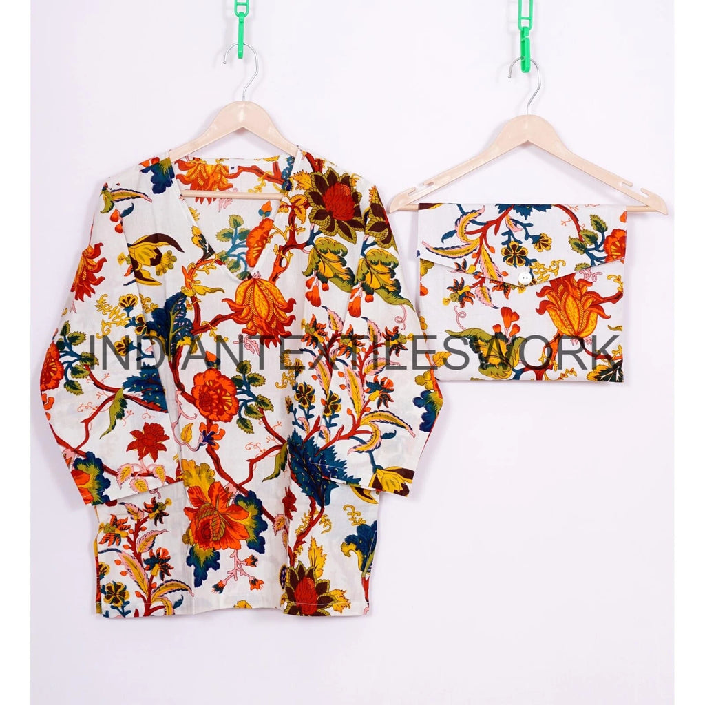 Indian Cotton Pajama Set Flower Print Sleepwear PJ Set Night Suit Women Dress