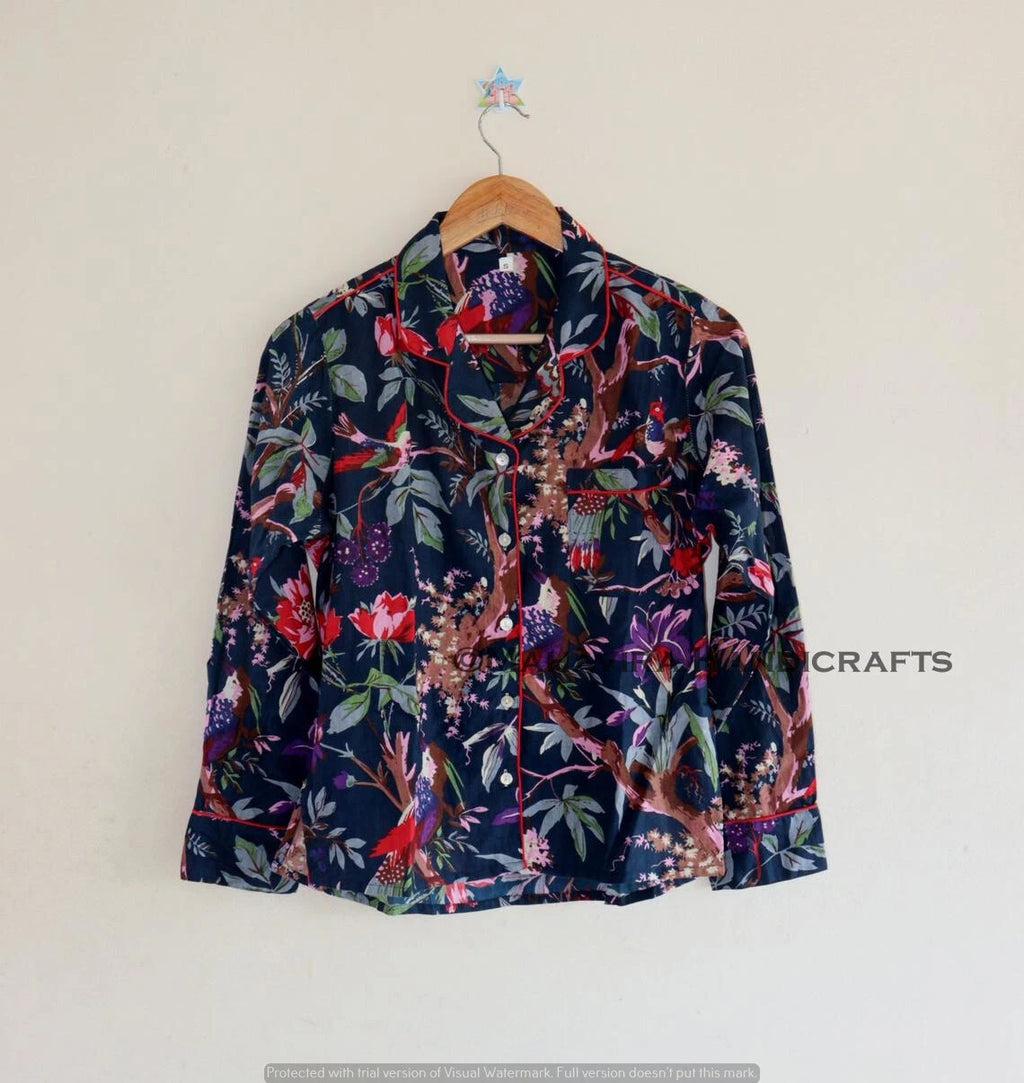 Indian Cotton Bird Print blue hippie Sleepwear gypsy Women Pajama set