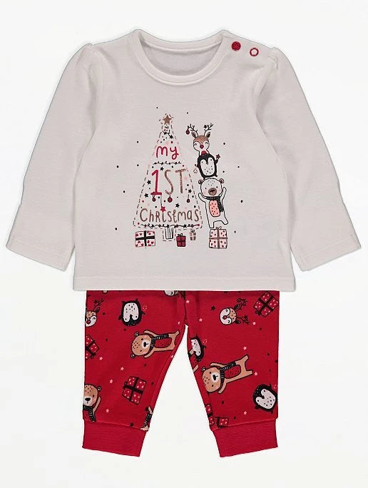 Baby Christmas Pyjamas George Red Soft Cotton 1st  Xmas Pjs Set Full Length Box