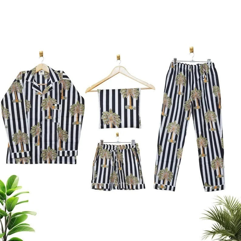 Indian Cotton Black Striped PJ Set Bridesmaid Pajama Set Women Nightwear Suit US
