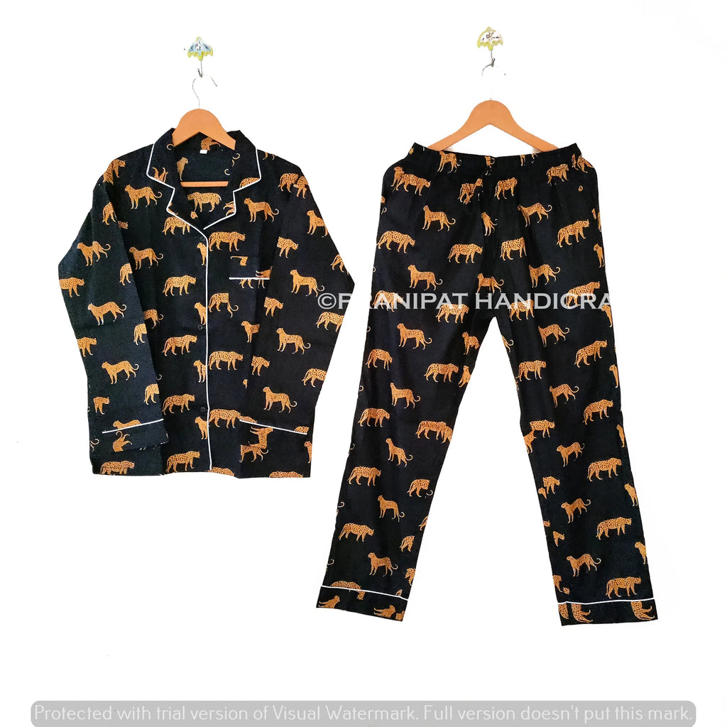 Indian Rose Printed Cotton Black Women Hippie Gypsy Top-Pajama set Sleepwear