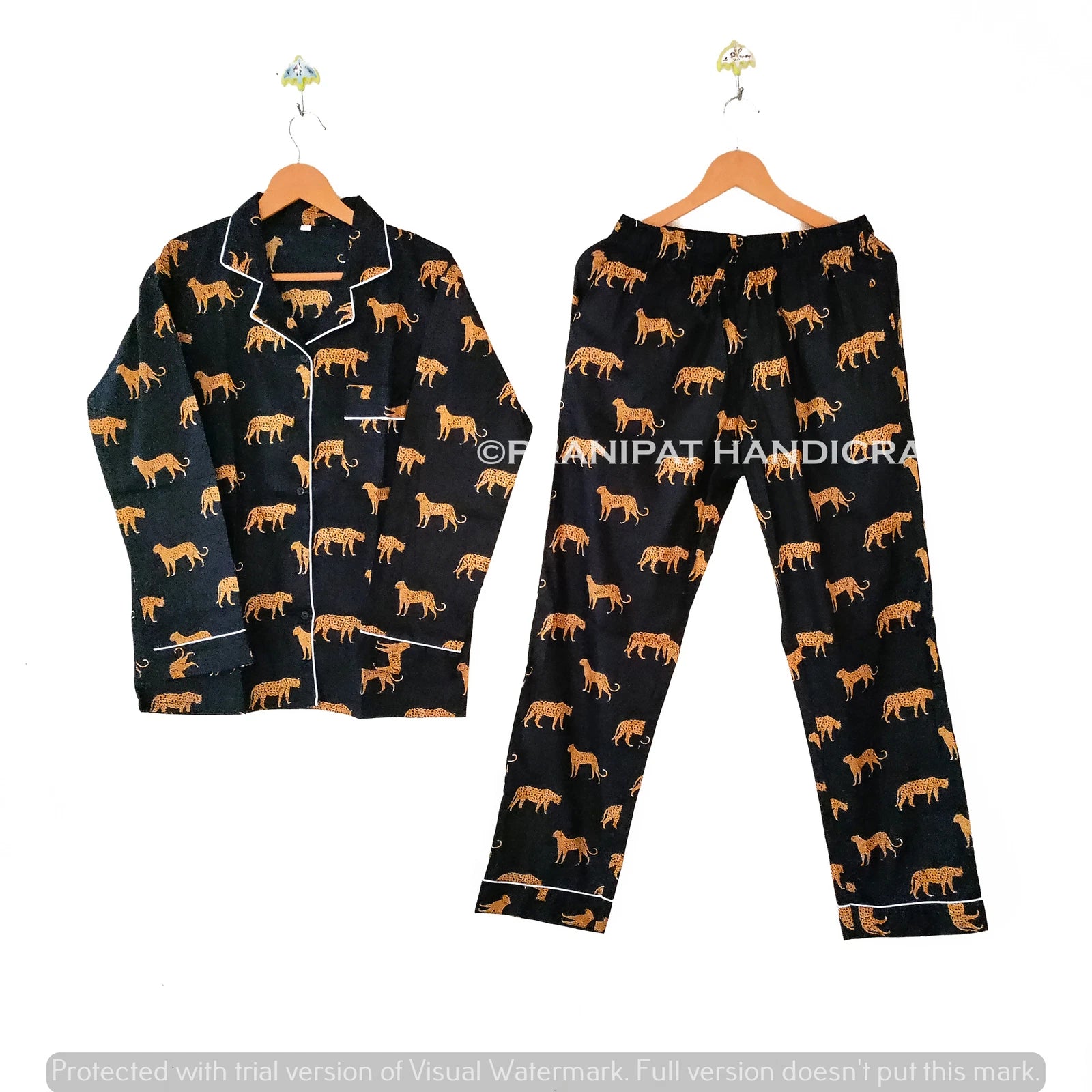 Indian Rose Printed Cotton Black Women Hippie Gypsy Top-Pajama set Sleepwear