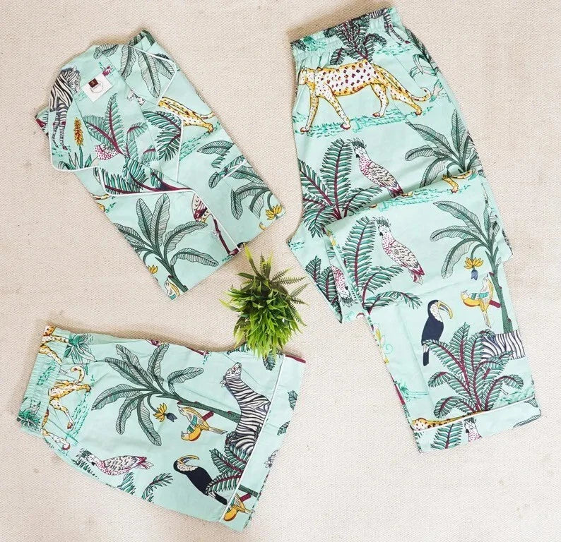 Indian Cotton Green Tiger PJ Set Bridesmaid Pajama Set Women Nightwear Suits US