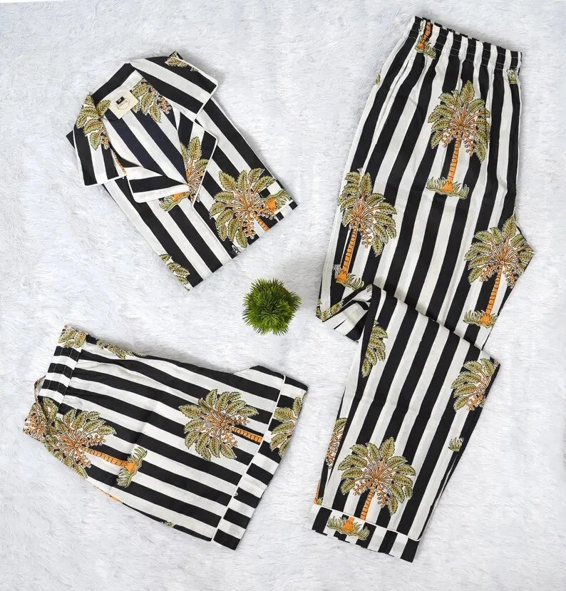 Indian Cotton Black Striped PJ Set Bridesmaid Pajama Set Women Nightwear Suit US