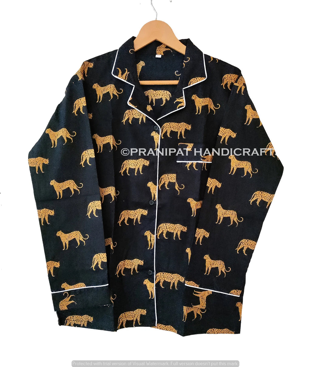 Indian Rose Printed Cotton Black Women Hippie Gypsy Top-Pajama set Sleepwear