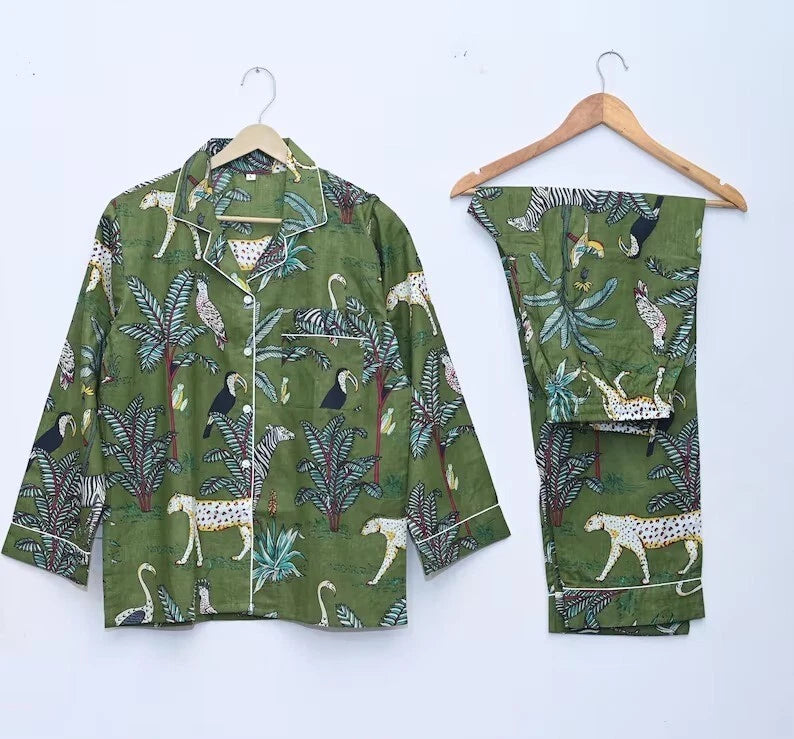 Indian Cotton Night Suit Women Green Tiger PJ Set Sleepwear Pajama Set Nightwear