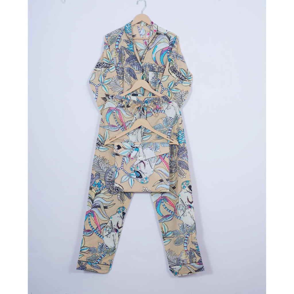 Indian Cotton Pajama Set Hand Block Monkey Print Women Yoga Wear Dress ITW-54