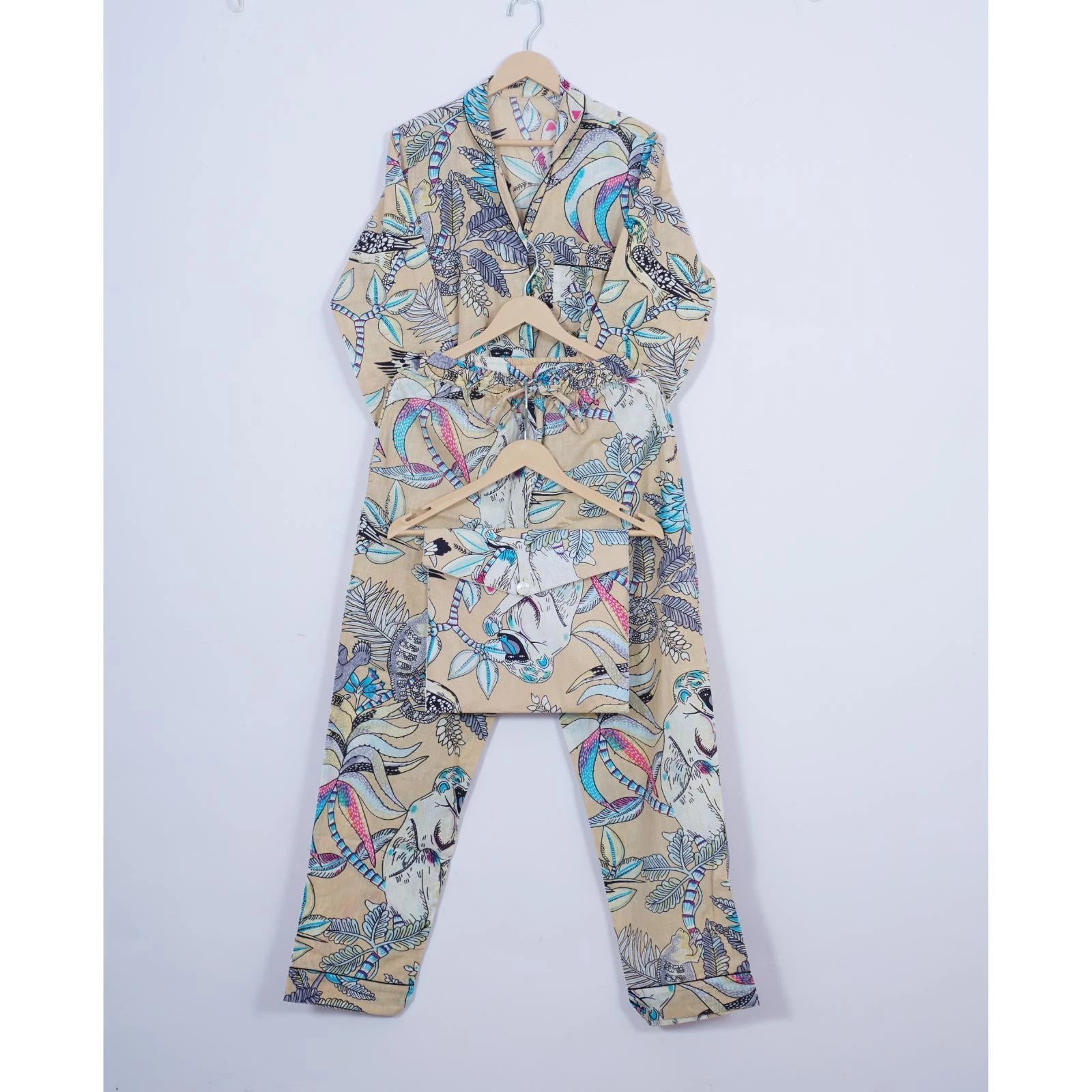 Indian Cotton Pajama Set Hand Block Monkey Print Women Yoga Wear Dress ITW-54