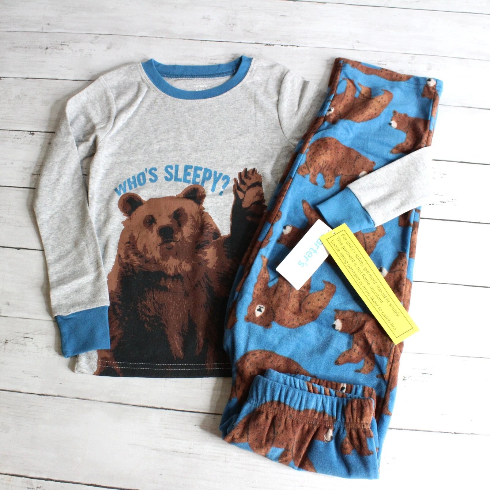 Carter's Boy's Winter 2 Pc Pajama Set Youth Size 5 5T Gray Blue Brown Bear