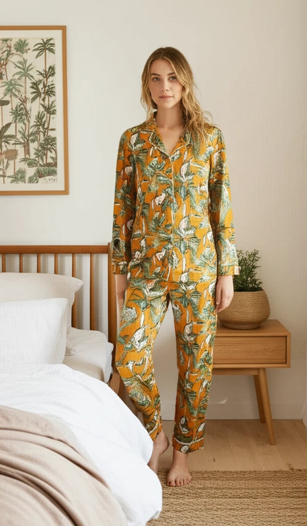 Indian Cotton Yellow Tree PJ Set Bridesmaid Pajama Set Women Nightwear Suits US