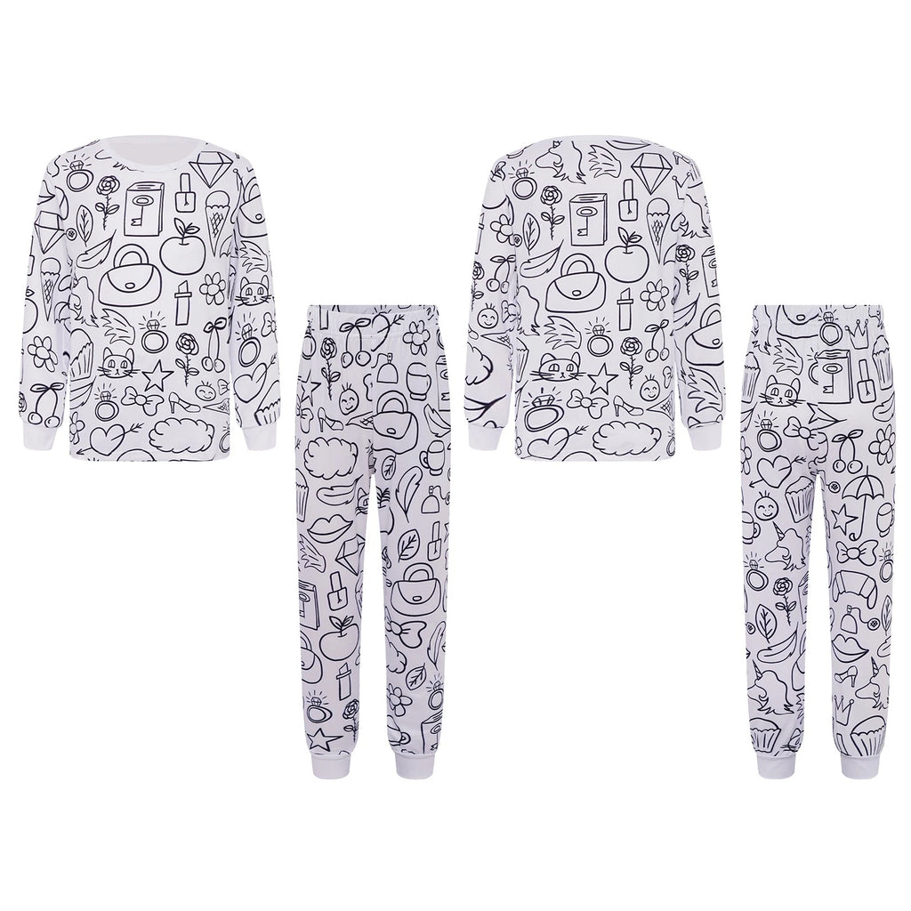 Kids Pajama Sets Hand-Painted Long Sleeve Top Elastic Waist Pants Home Sleepwear