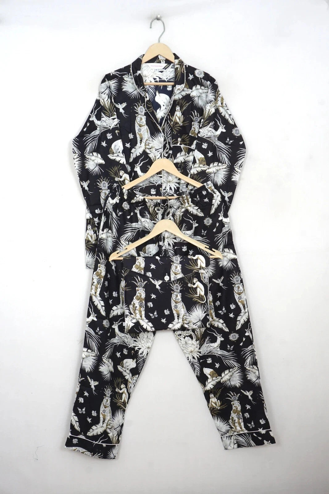 Indian Cotton Black Jungle Women Floral PJ Set Sleepwear Pajama Set Nightwear