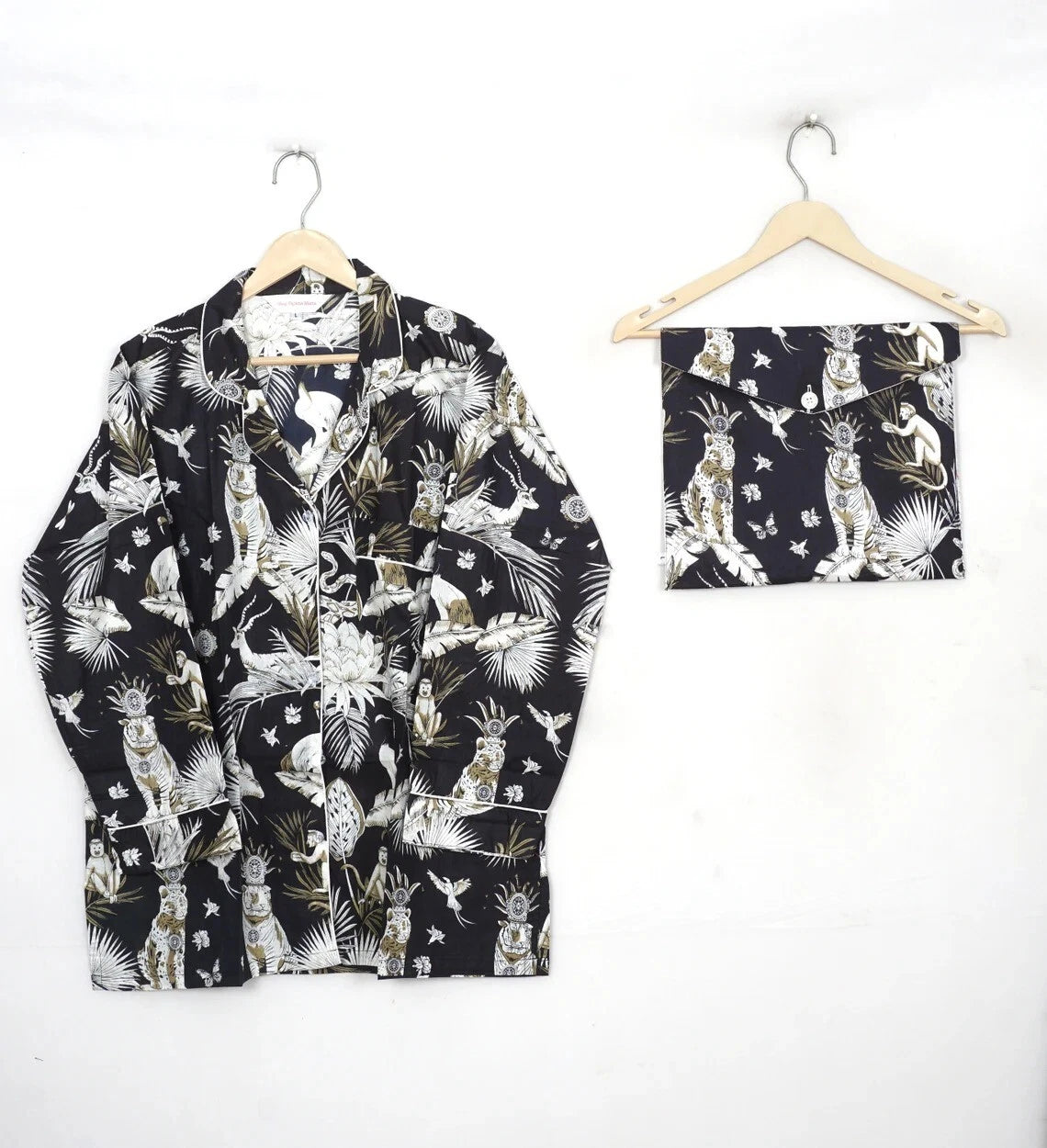 Indian Cotton Black Jungle Women Floral PJ Set Sleepwear Pajama Set Nightwear