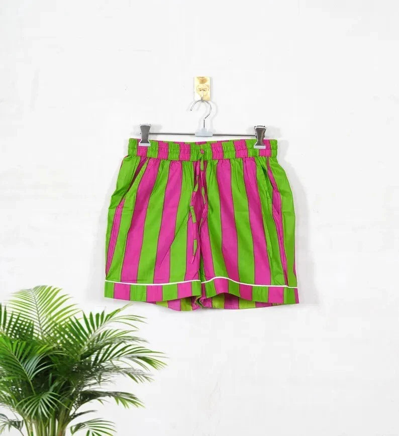 Indian 100%Cotton Hot Pant With Top & Pajama PJ Sets Nightwear Suit Stripe Print