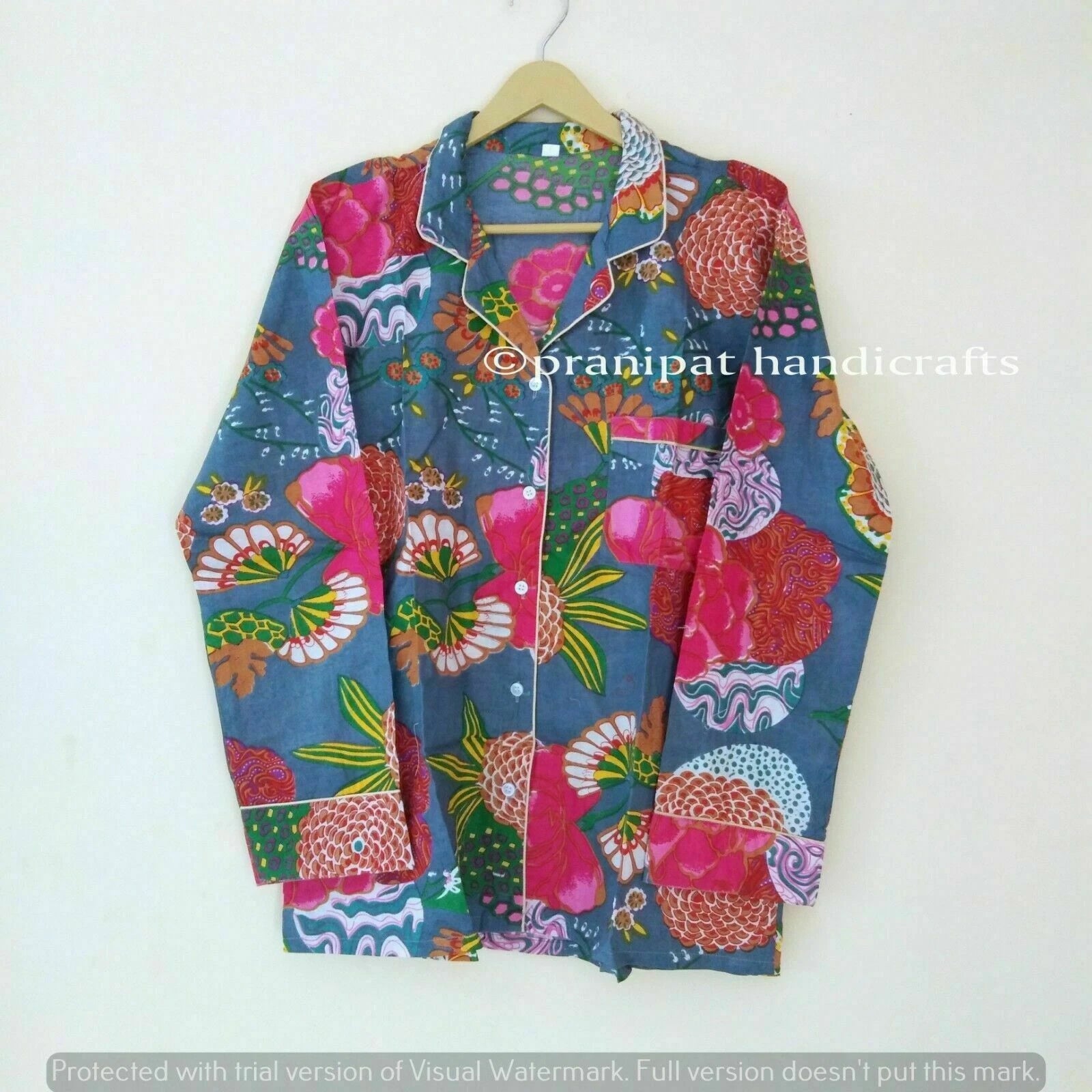 Indian Tropical Print Cotton Grey Hippie Women Gypsy Sleepwear Boho Pajama set