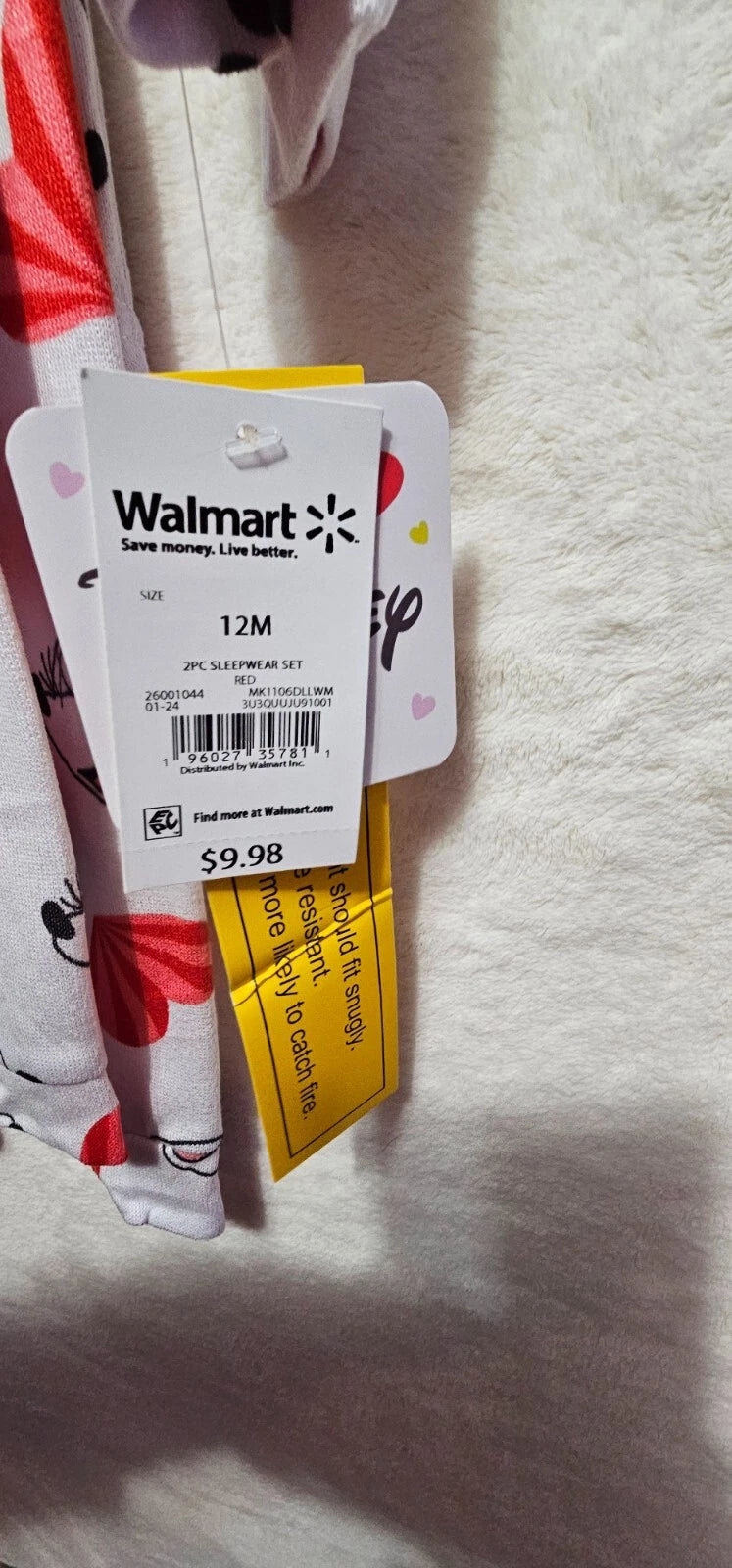 Disney~ NEW♈Kids 2 pc Pajama Set size 12 mos~white/red MINNIE MOUSE Hearts