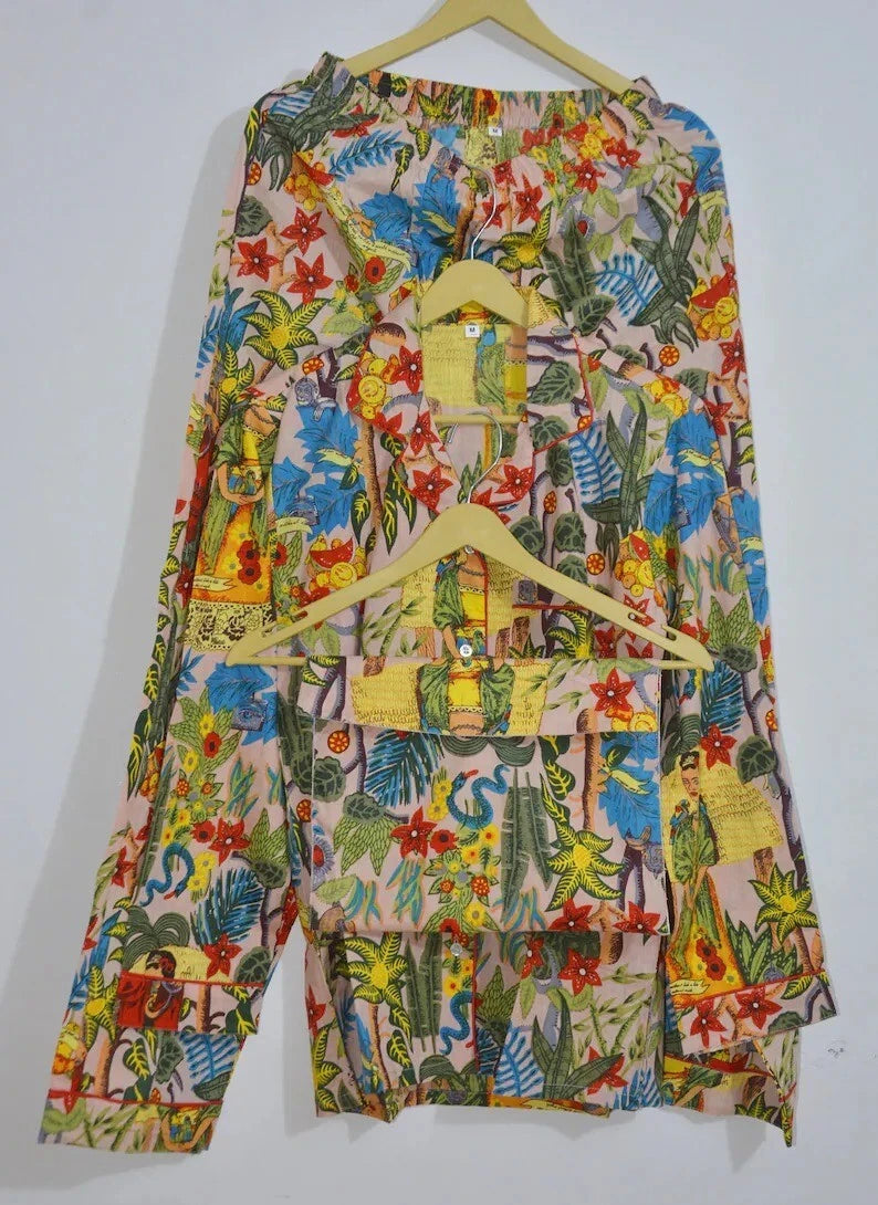 Women's Cotton Pj Set Baby Pink Frida Tree Palazzo Set Pyjamas Nightie Sleepwear