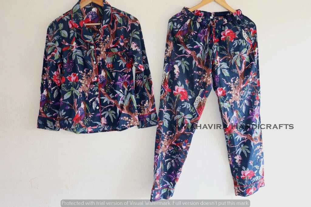 Indian Cotton Bird Print blue hippie Sleepwear gypsy Women Pajama set